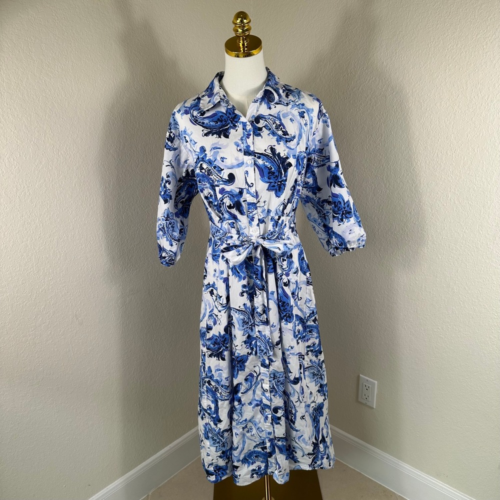 Zara Shirt Dress Women Medium Blue White Paisley Maxi Tie Waist Collared Boho